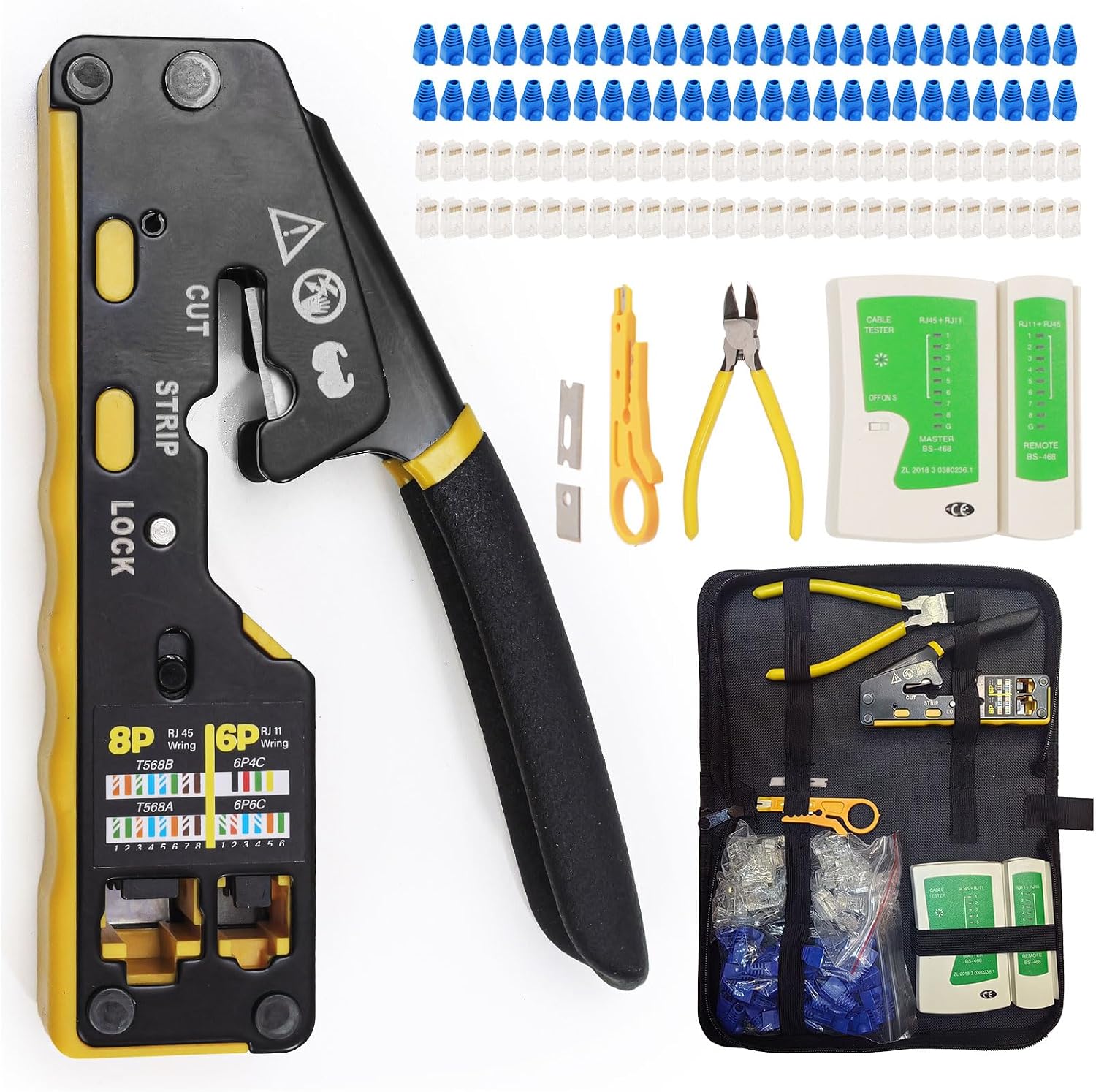 All-in-One RJ45 Crimp Tool Kit with Tester and Carrying Case, Pass Through Ethernet Crimper for Cat5 Cat5e Cat6, RJ11 RJ12 6P/8P, 50 Connectors and 50 Boots