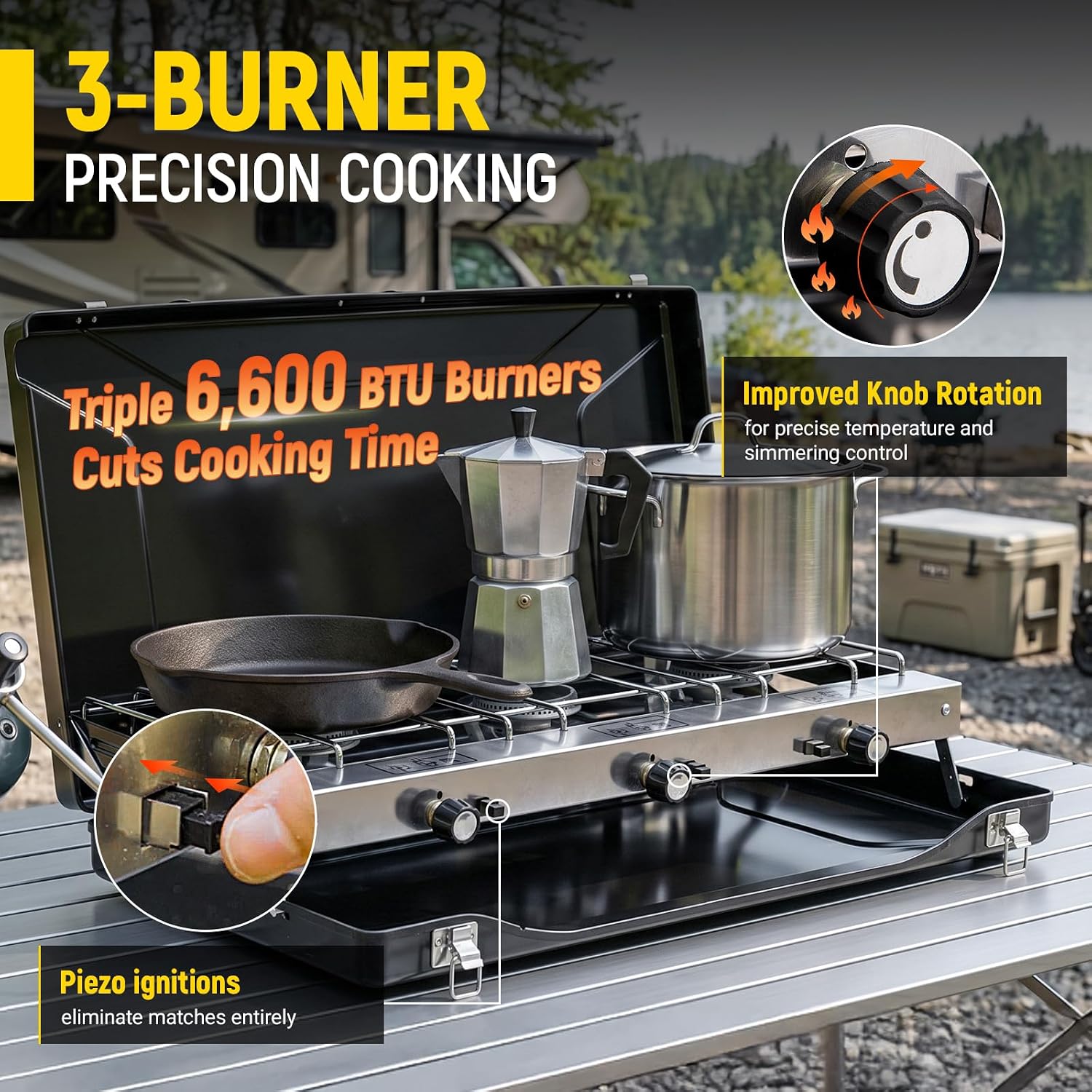 FineFlame Camping Stove, Propane Portable Camp Stove, 19800BTU-3 Burners