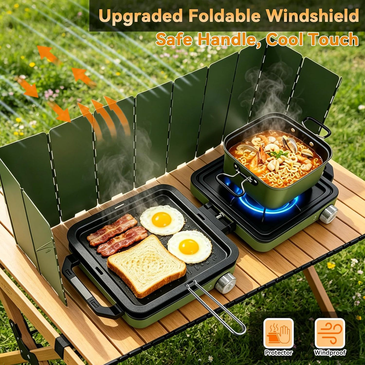 2 Burner Camping Stove with 2-In-1 Cookware Set, 24000 BTU Propane Gas Stove, Foldable Camp Stove with Frying Pan, Pot, Windshield & Carry Bag, Camping Essentials for Picnic, RV, Camp kitchen, Green