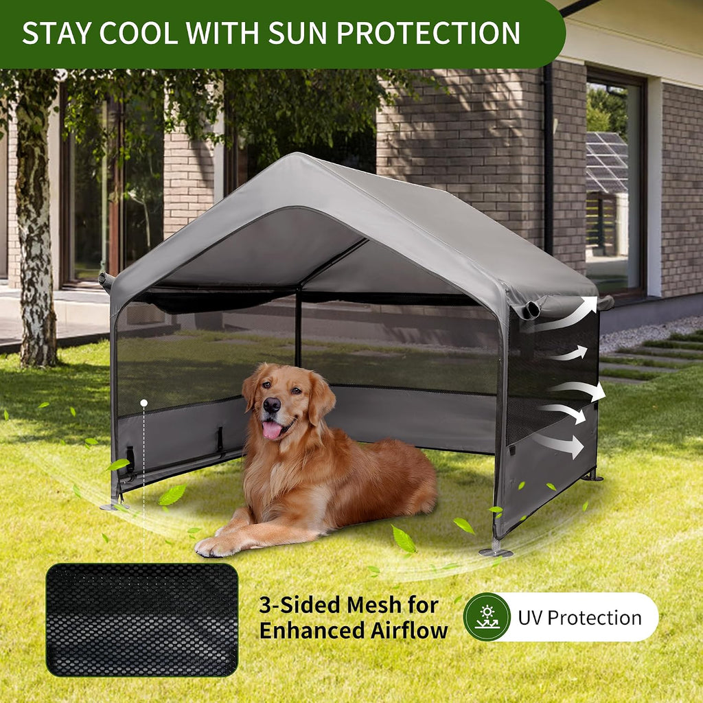 Summertrail Extra Large Dog House Outside, Dog Shade Shelter Tent Outdoor | Doghouse Canopy with Three-Sided Breathable Mesh Windows, Waterproof Pet Shade Shelter for Small Animal 4'x 4'x 3.3' Grey