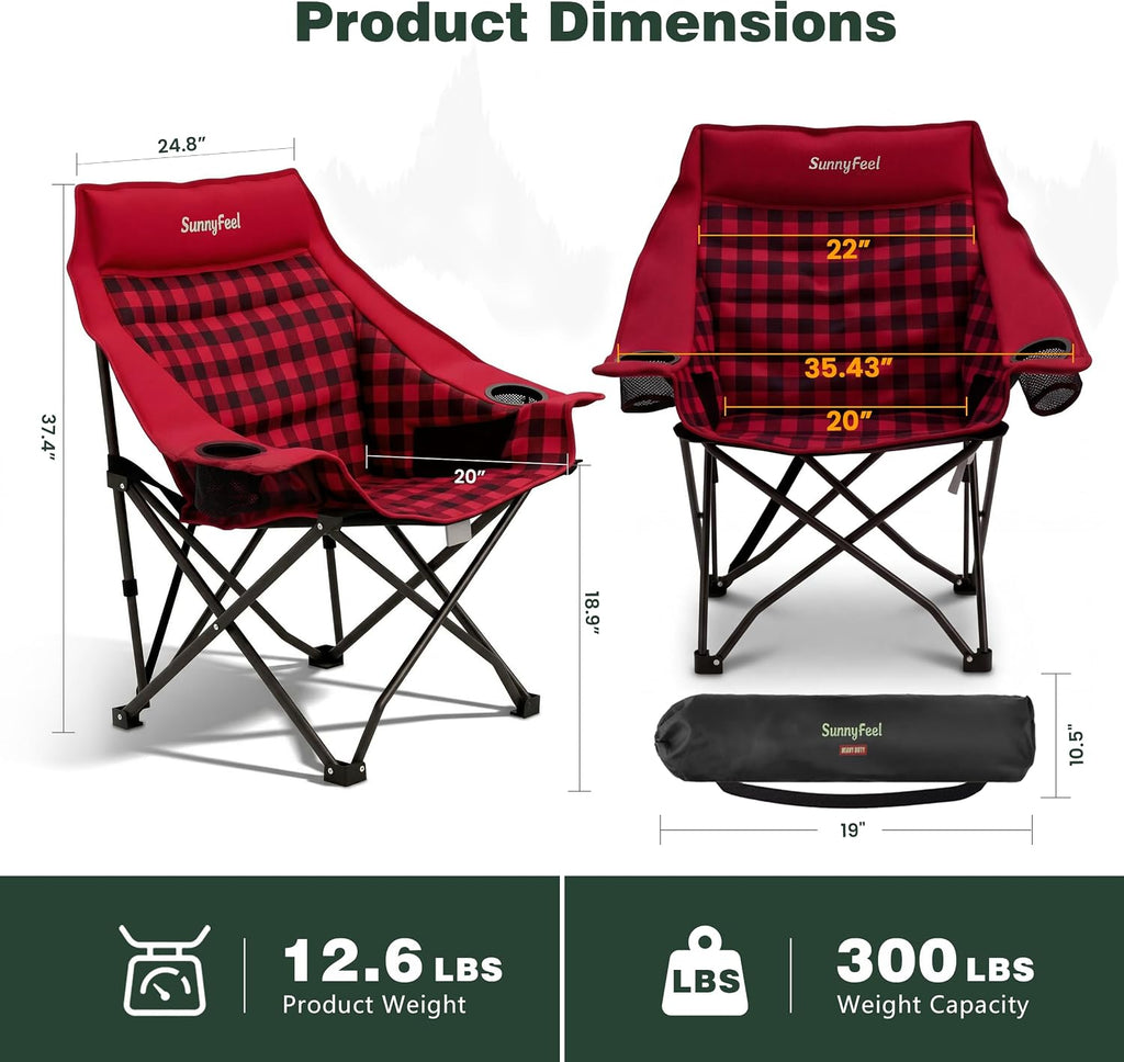 SUNNYFEEL Padded Oversized Camping Chairs for Adults, Heavy Duty Portable Folding Chair with Carry Bag, Side Pockets & Cup Holder, Supports 300 lbs, for Tailgating Hiking Picnic Backyard Red