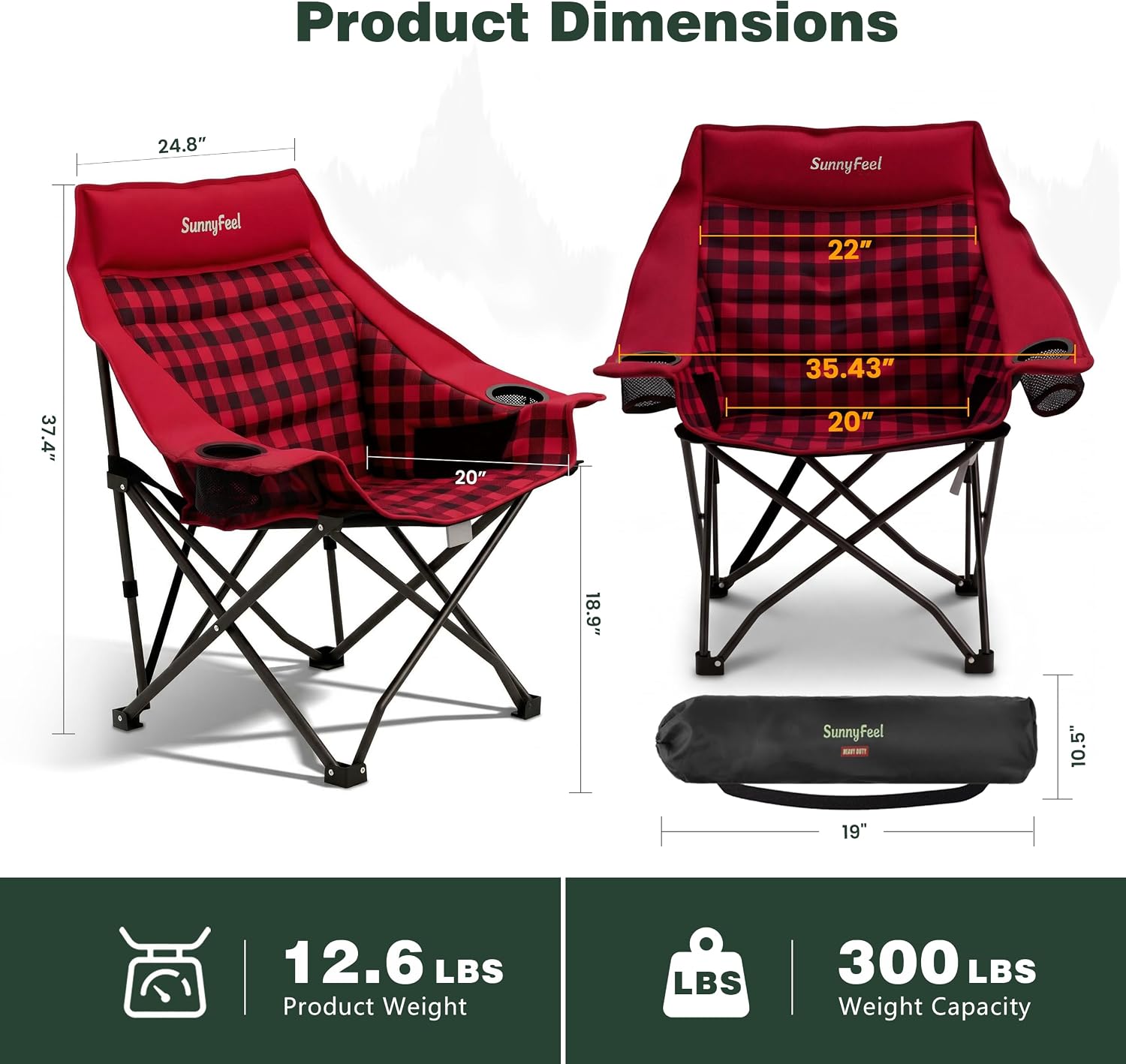 SUNNYFEEL Padded Oversized Camping Chairs for Adults, Heavy Duty Portable Folding Chair with Carry Bag, Side Pockets & Cup Holder, Supports 300 lbs, for Tailgating Hiking Picnic Backyard Red