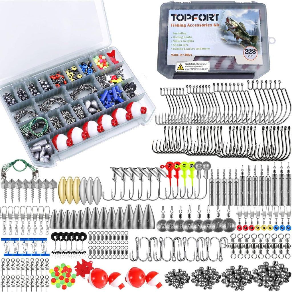 TOPFORT 187/343pcs Fishing Accessories Kit, Organized Fishing Tackle Box with Tackle Included, Fishing Hooks, Fishing Weights Sinkers, Fishing Gear and Equipment, Fishing Gift for Men