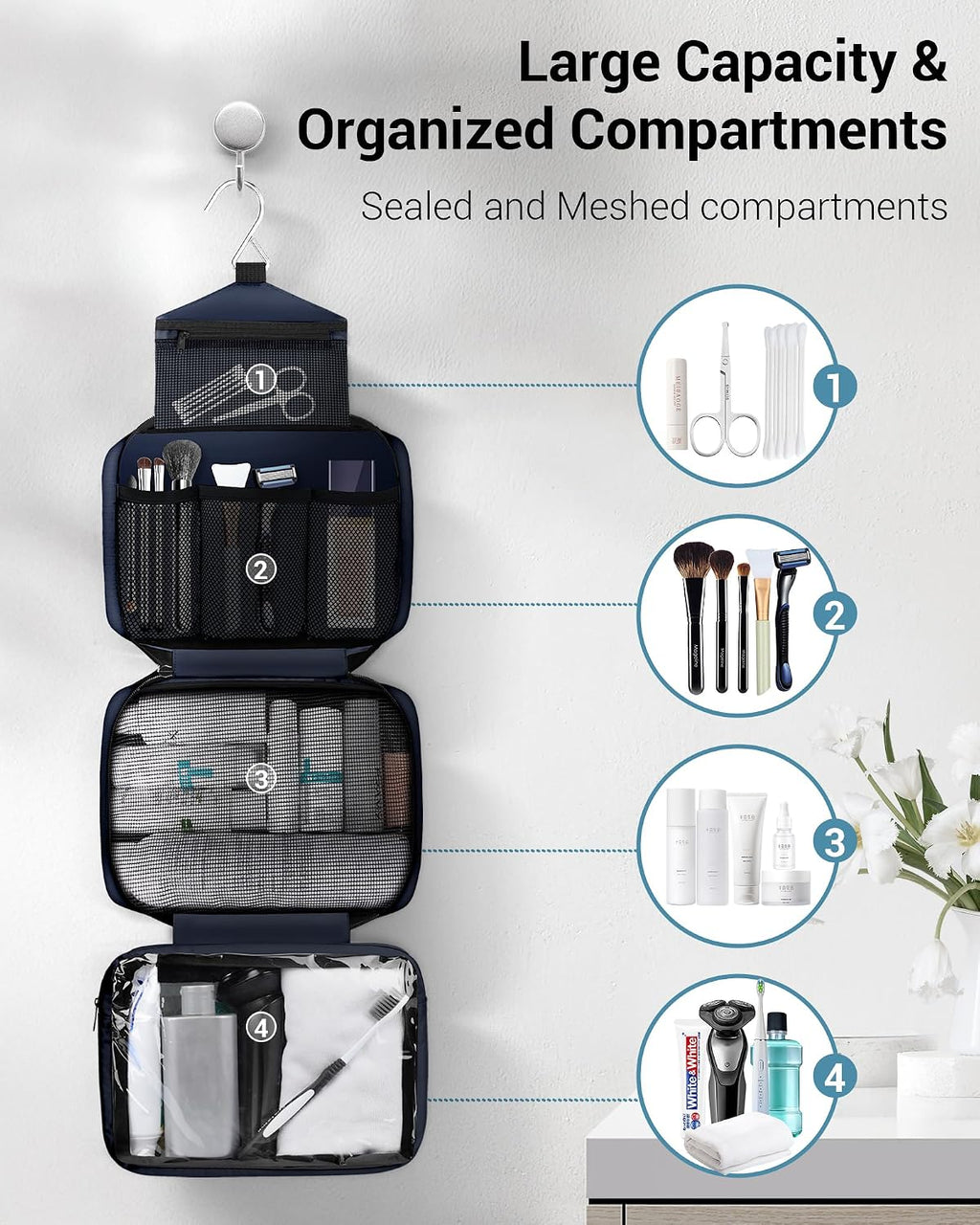 Maliton Toiletry Bag for Men & Women Travel Toiletry Bag Hanging Toiletry Bag Hygiene Organizer with 4 Compartments Waterproof Bathroom Shower Bag Large Toiletries Travel Bag(Black (Navy Blue)