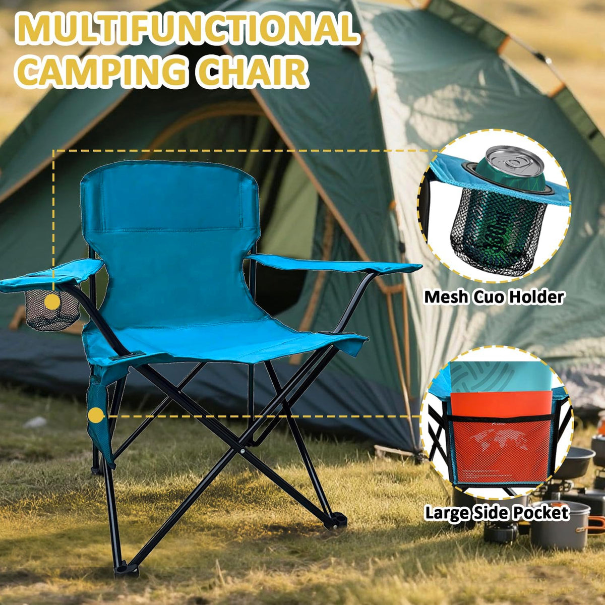 Folding Camping Chair with Cup Holder & Storage Bag, 225lbs Capacity, Large Anti-Sink Feet, Breathable PE Coated Fabric for Outdoor, Hiking, Beach, Fishing, Backpacking, 2PCS Blue