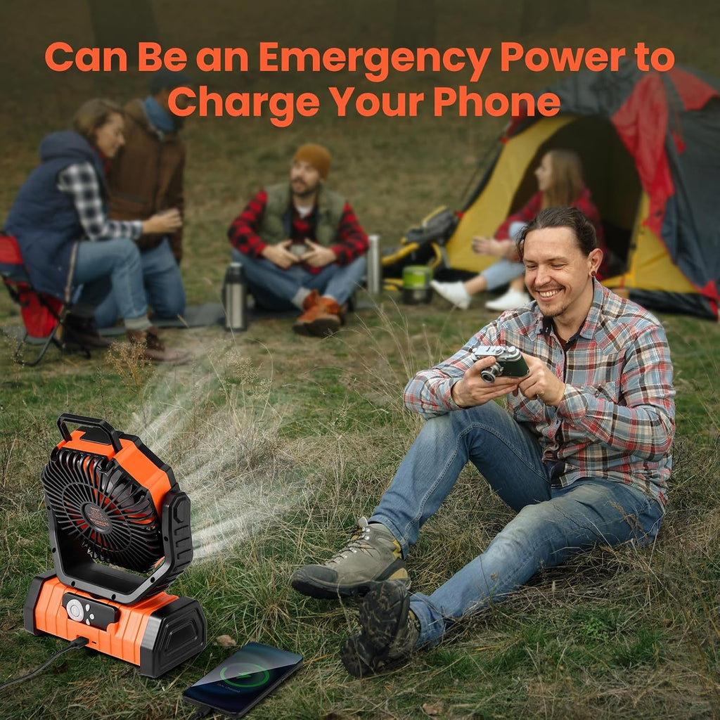 Odoland 30000mAh Camping Fan with LED Lantern, Rechargeable Battery Fan | Operated Oscillating Fan with Remote & Hook, Portable Tent Fan with Timer, 4 Speeds for Outdoor Camp RV Power Outage, Orange