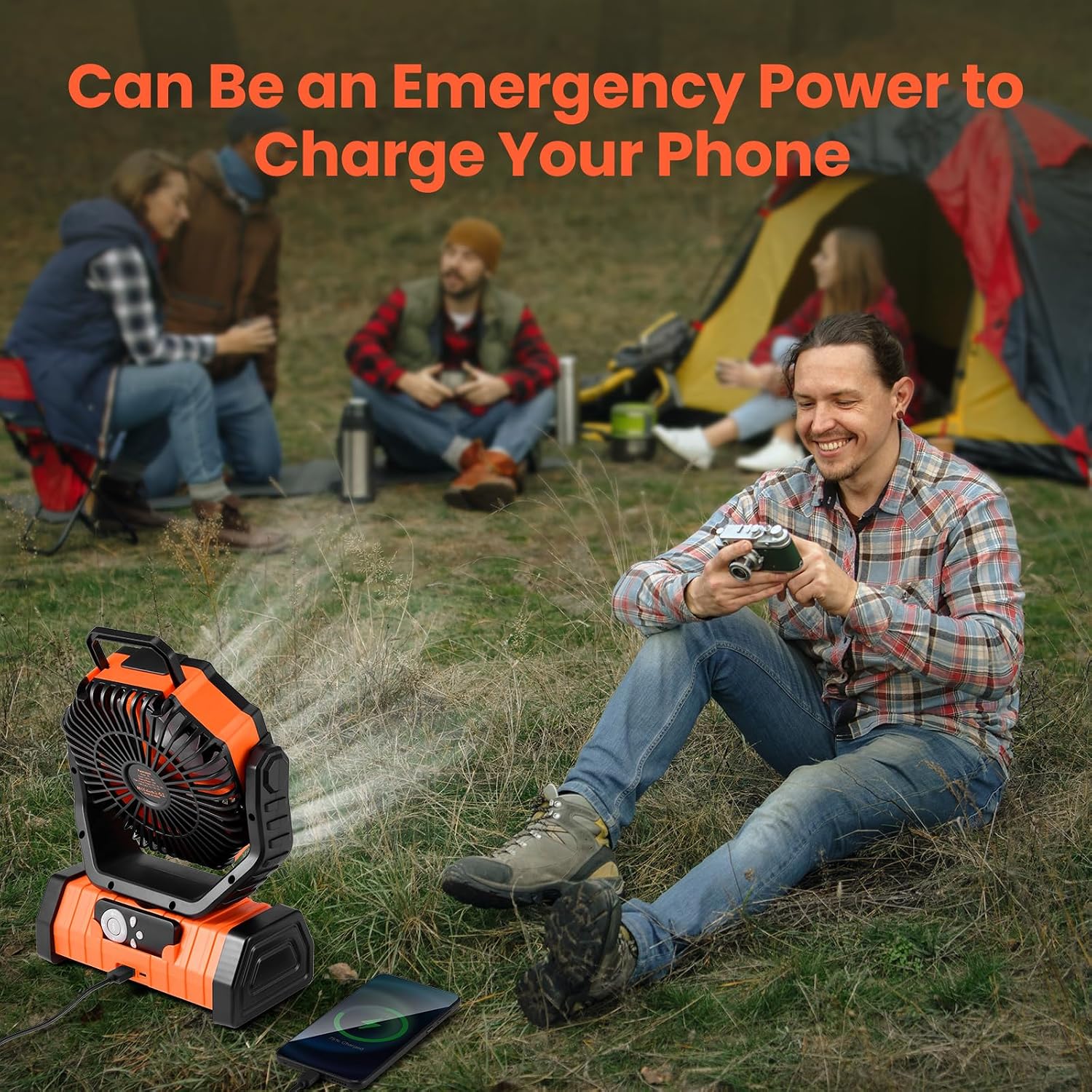 Odoland 30000mAh Camping Fan with LED Lantern, Rechargeable Battery Fan | Operated Oscillating Fan with Remote & Hook, Portable Tent Fan with Timer, 4 Speeds for Outdoor Camp RV Power Outage, Orange