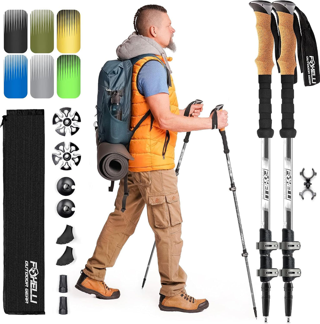Foxelli Trekking Poles – Lightweight Collapsible Aircraft Grade Aluminum Hiking Poles with Cork Grips Quick Locks & All-Terrain Accessories – Pair of 2