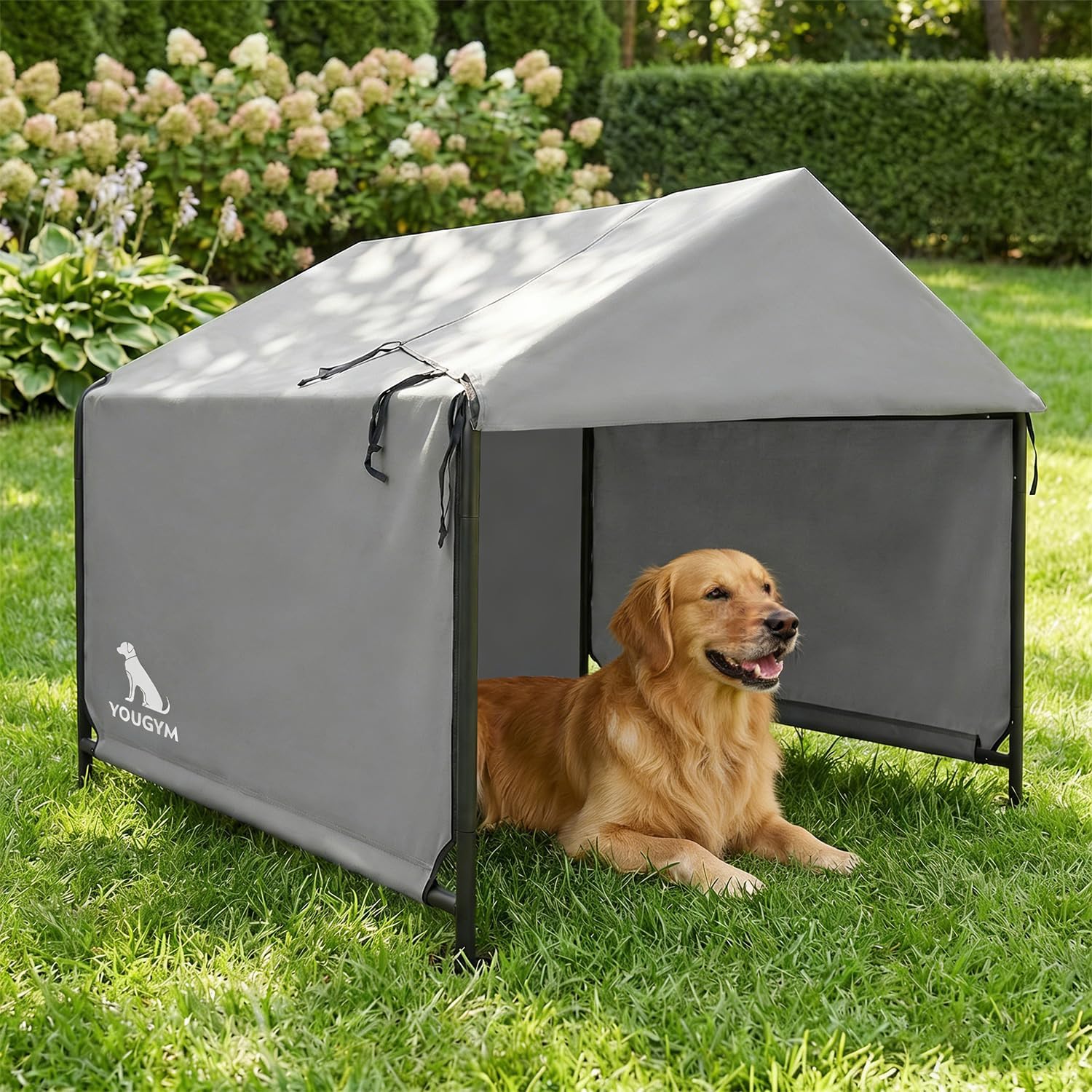 4x4 FT Extra Large Dog House Outdoor with Upgraded Doors, Weatherproof Dog Shade Shelter for Outside, Sun Rain Canopy Pet House for Large Dogs, Large Dog Tent Outdoor, Grey