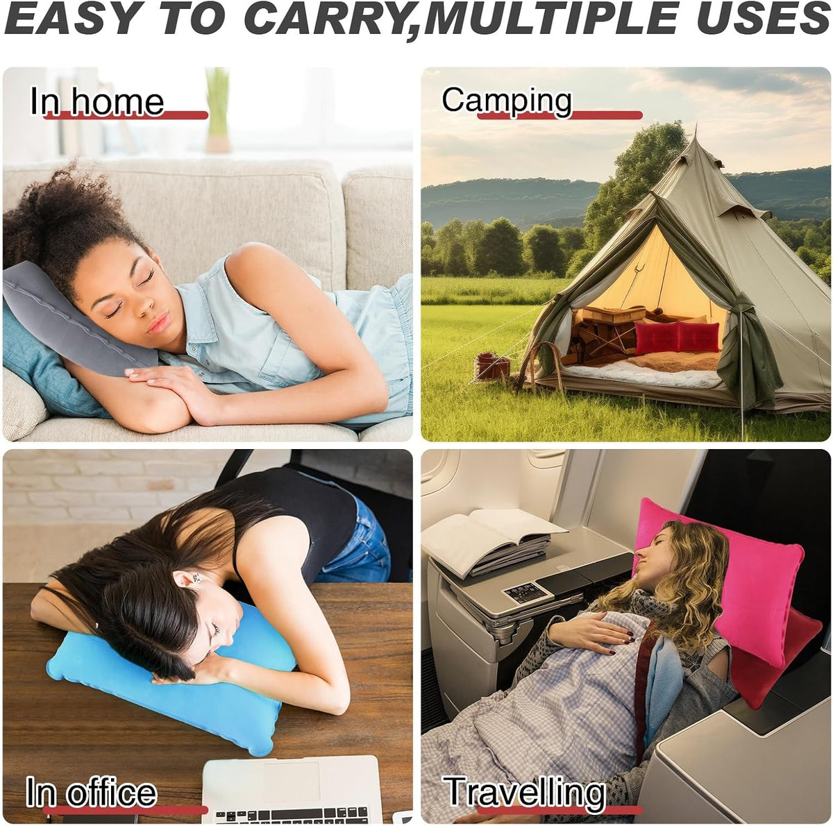 Geelin 12 Pack Inflatable Travel Pillow Squared Flocked Fabric Air Pillow Ultralight, Compact and Comfortable for Traveling, Camping, Hiking, Napping, Desk Rest, Neck Lumbar Support(13.39" × 8.66")