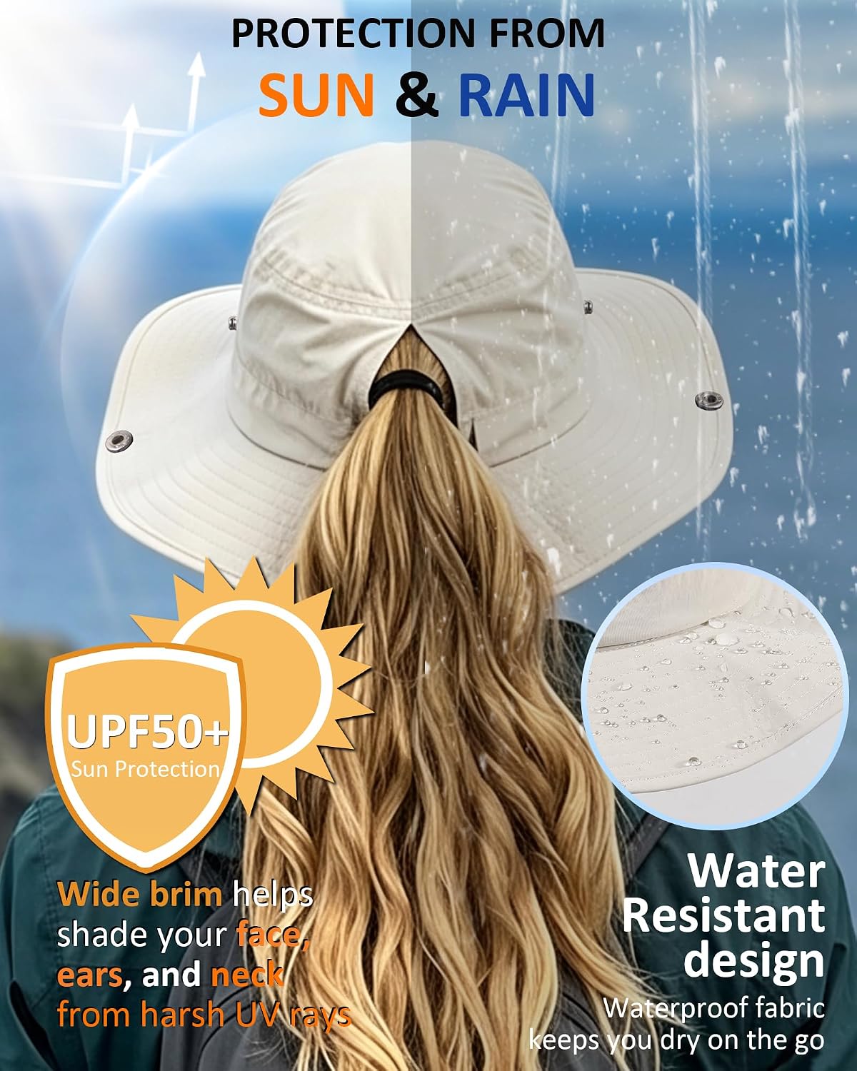 Womens Sun Hat with Ponytail Hole Wide Brim UPF 50+ Waterproof Bucket Hat Packable with Chin Strap for Hiking Beach Travel