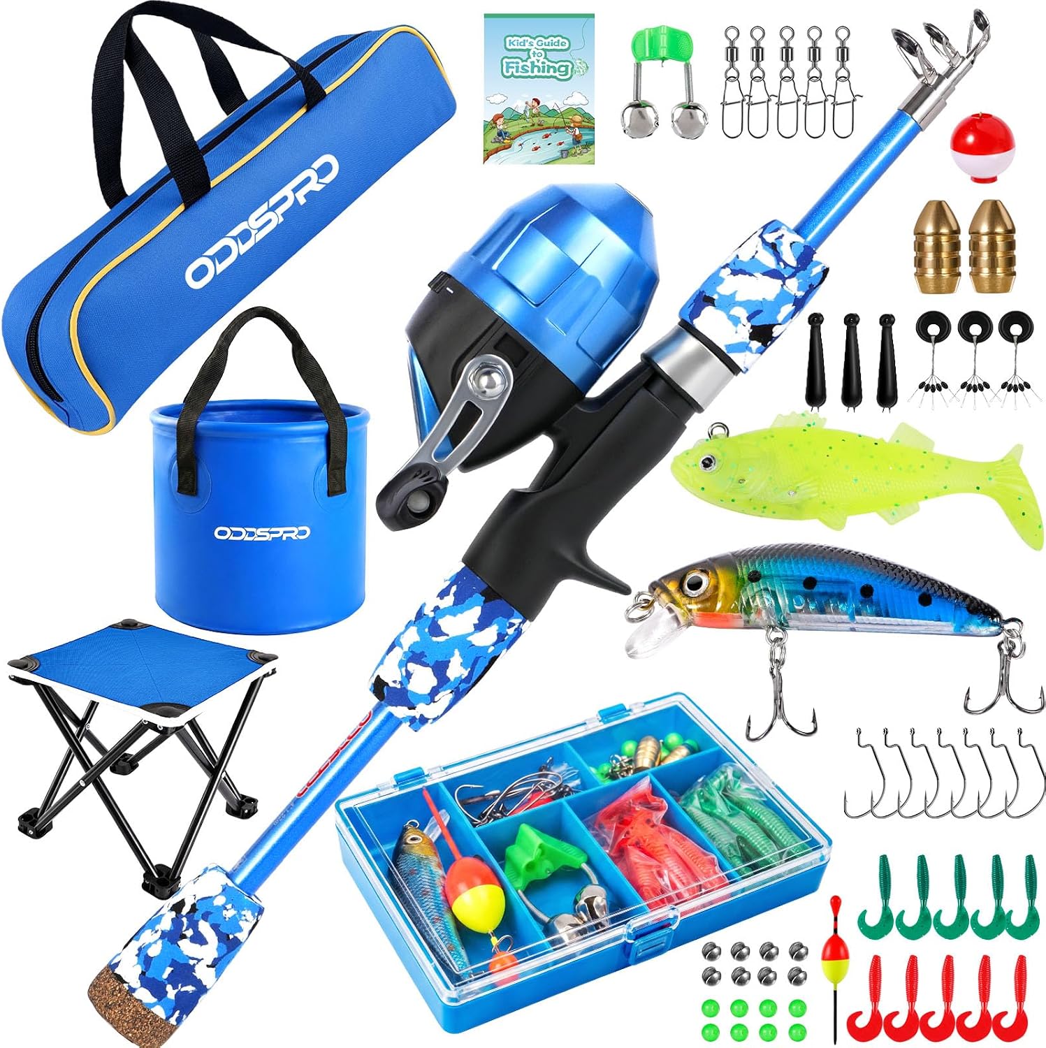 ODDSPRO Kids Fishing Pole - Portable Kids Fishing Rod and Reel Combo, Kids Fishing Gear with Tackle Box, Spincast Reel, Collapsible Chair and Bucket, Fishing Pole for Kids Boys Girls Toddler Youth 3+