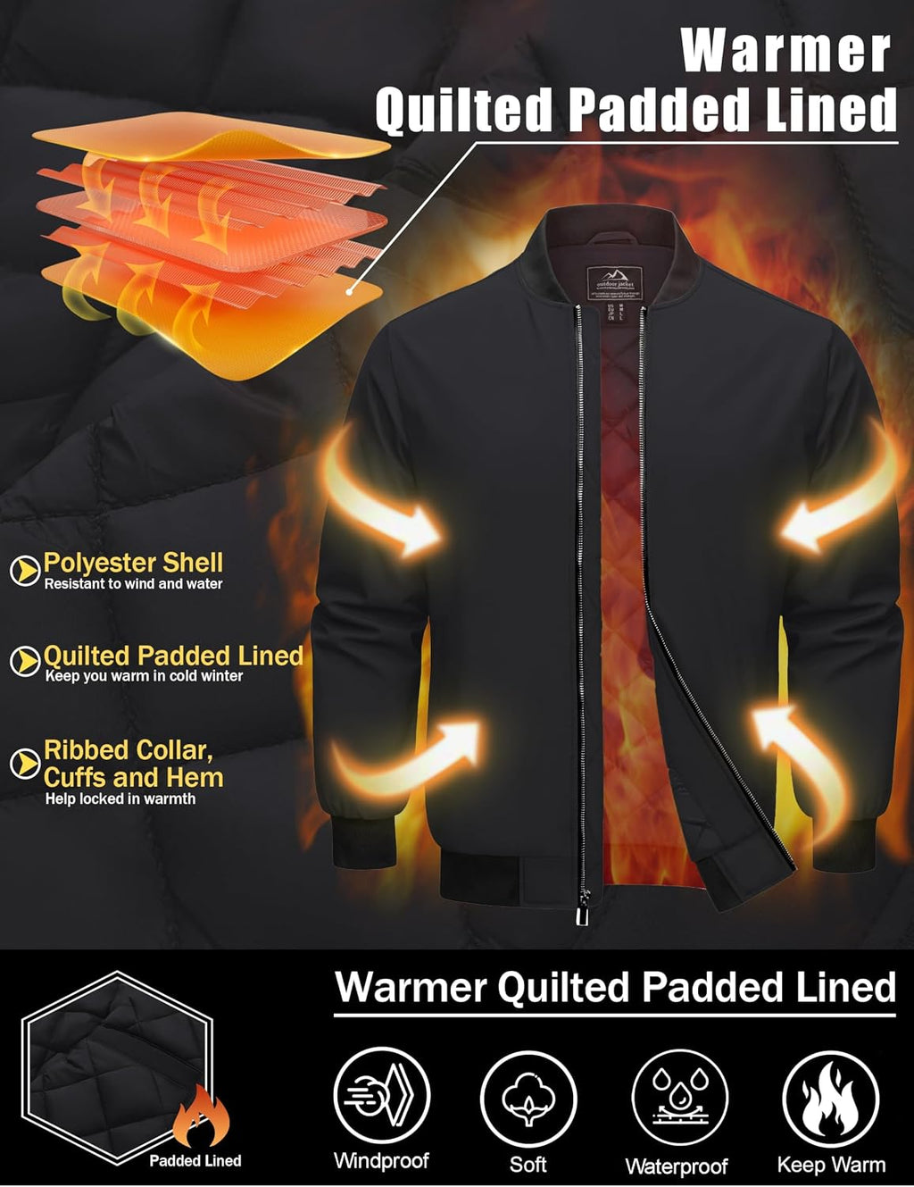 Cotrasen Men's Bomber Jacket Fall Winter Windbreaker Warm Quilted Coats