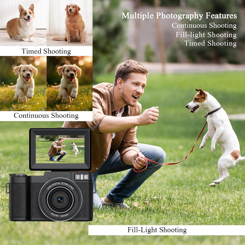 5K Digital Camera for Photography 64MP Auto-Focus Vlogging Camera for YouTube 3" 180° Flip Screen Compact Travel 18X Digital Zoom, Anti-Shake 2 Batteries & 32GB TF Card