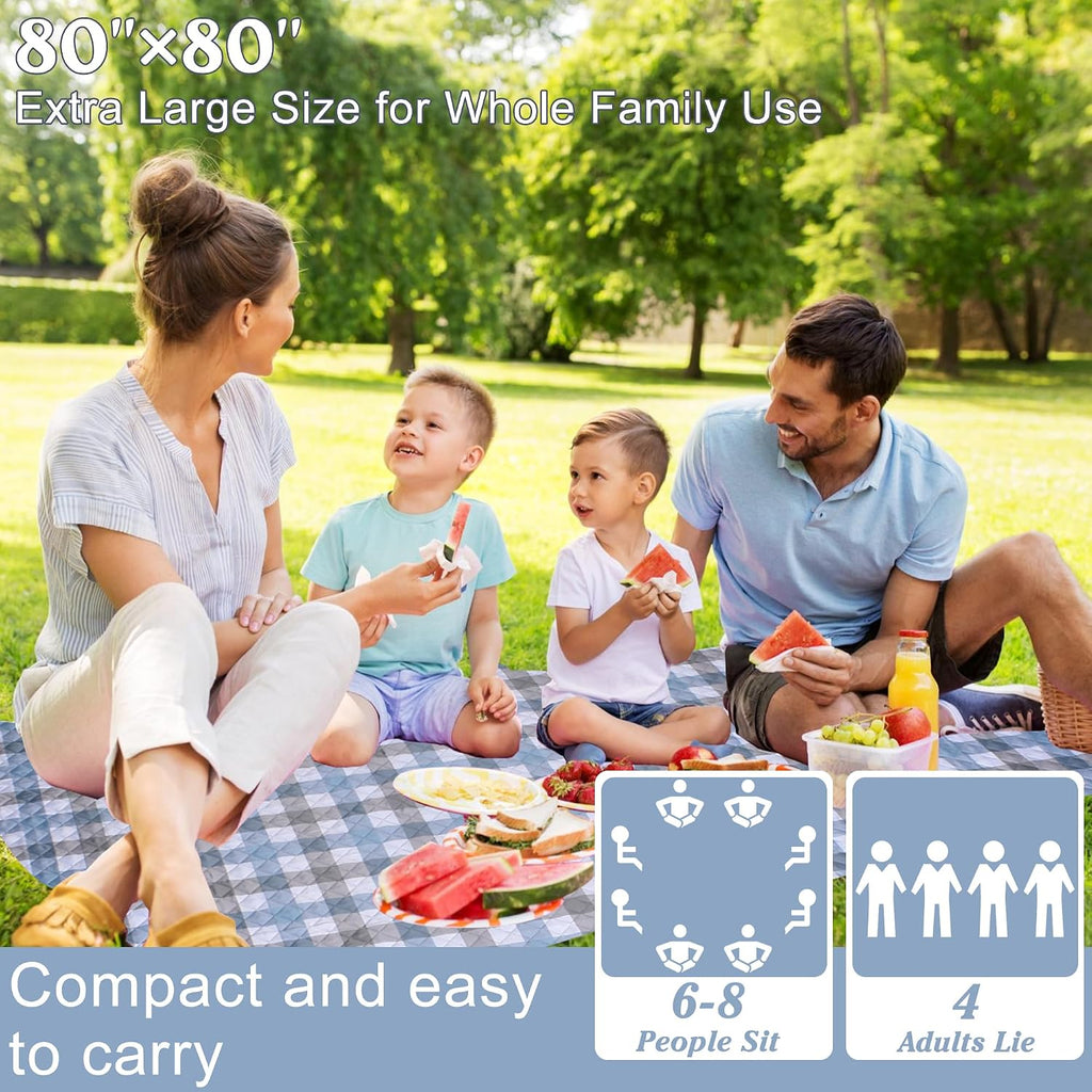 Extra Large Picnic Blanket 80''x 80'' Waterproof Foldable Picnic Mat for Beach, 5-Layer Outdoor Blanket for 6 to 8 Adults,Camping Grass Lawn Park Accessories Couple Park Wedding Registry(Blue Gray)