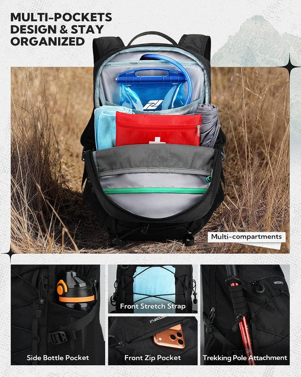 WATERFLY Hiking Backpack 20L, Lightweight Outdoor Daypack Water Resistant