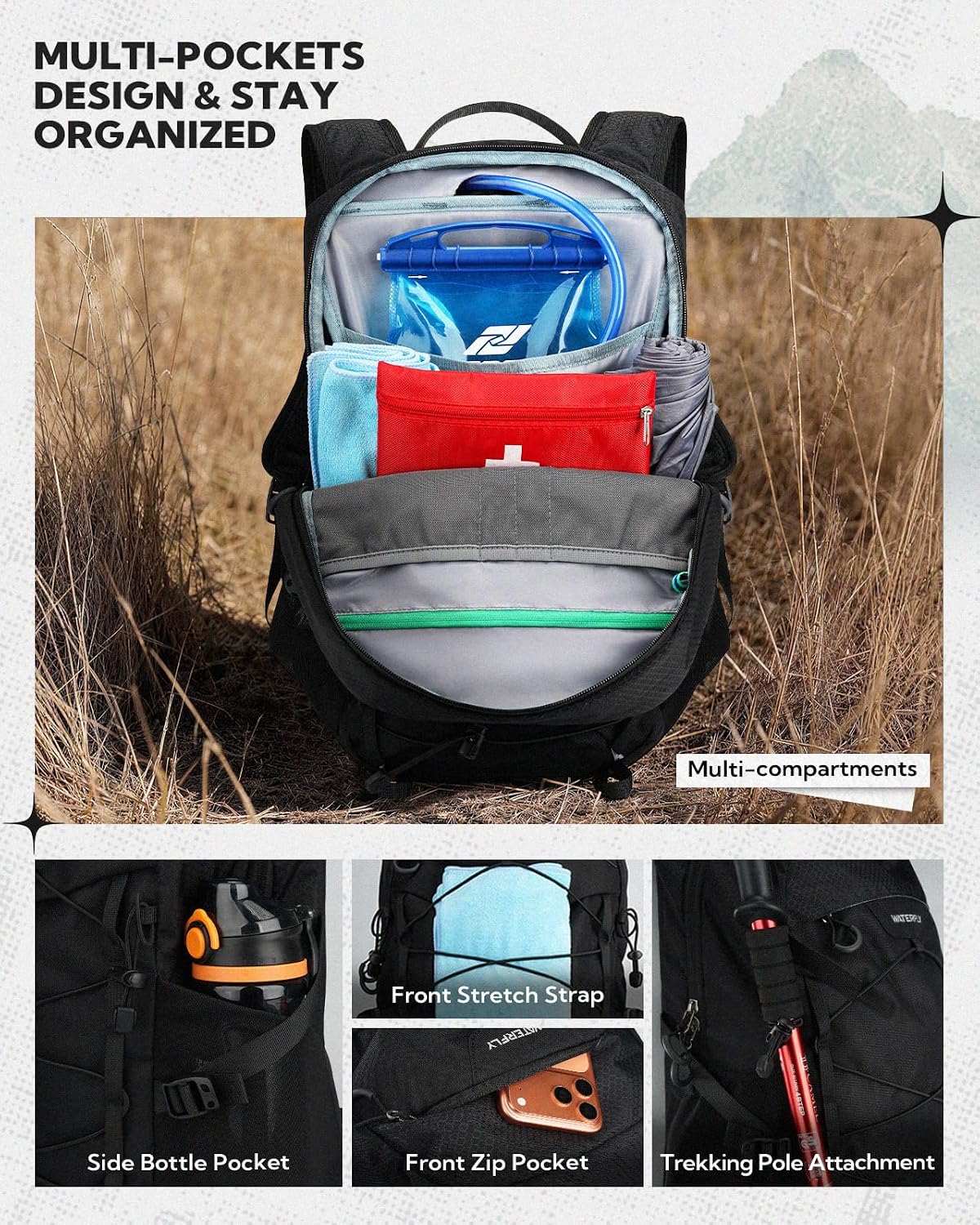 WATERFLY Hiking Backpack 20L, Lightweight Outdoor Daypack Water Resistant