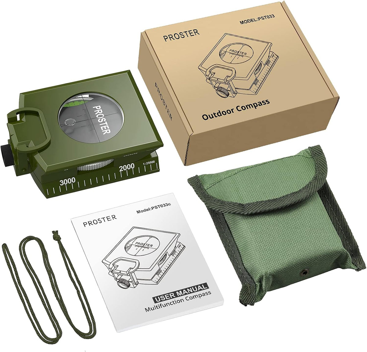 Proster Lensatic Sighting Compass IP65 Waterproof with Clinometer Bag
