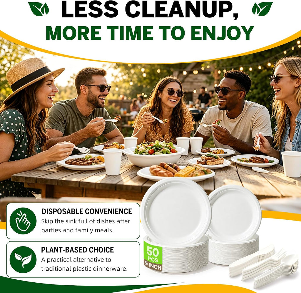 250PCS Disposable Paper Plates Set and Utensils, 9 and 7inch Plates