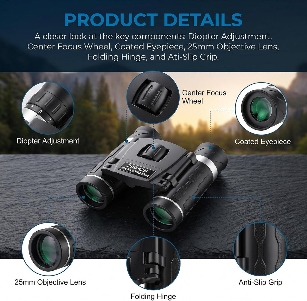 200x25 Compact Binoculars for All Ages – High-Powered Mini HD Optics