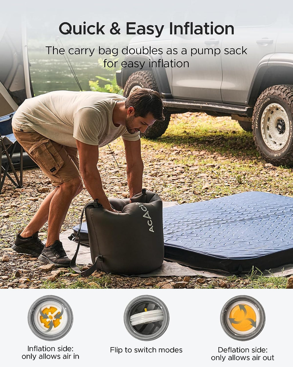 Acacia 4" Thick Self Inflating Sleeping Pad with Foam, Innovative Y-Shaped Telescopic Structure, Ultraportable Camping Air Mattress with Pump Sack, Easy Roll Up Sleep Bed for Travel Tent Car