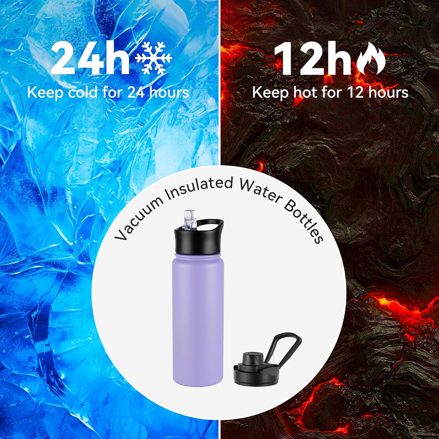 24oz Insulated Water Bottle with Straw Lid, Stainless Steel Metal Water Bottle with Straw & Wide Mouth Lid, Double Wall Vacuum Water Bottle for Hiking Camping, Lavender 1 Pack