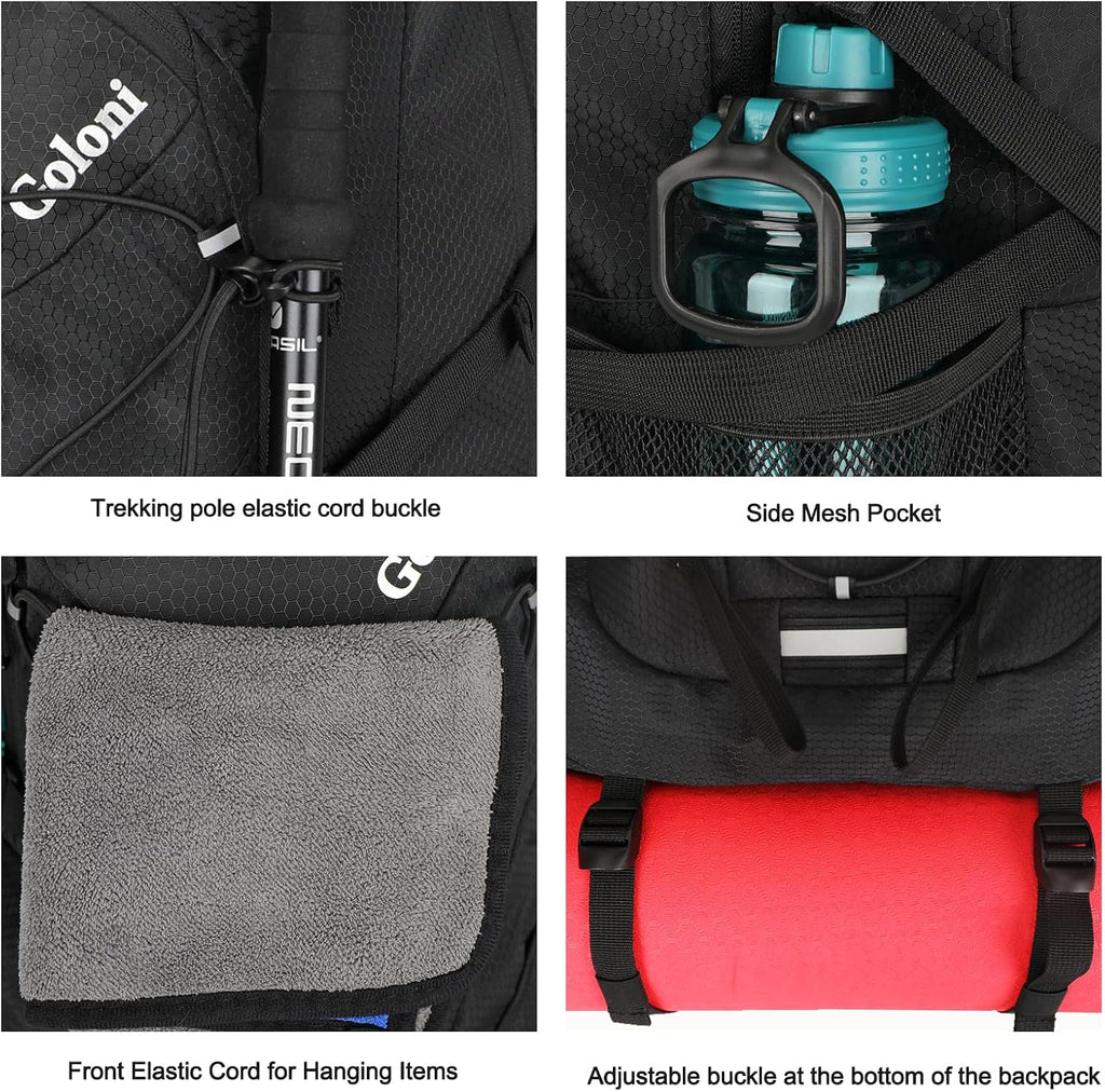 Goloni 45L Hiking Backpack Lightweight Foldable, Waterproof Camping Backpack with Rain Cover & Hiking Pole Mat Carrying System, Ergonomic Water Resistant Daypack for Trekking Travel Men Women,Black