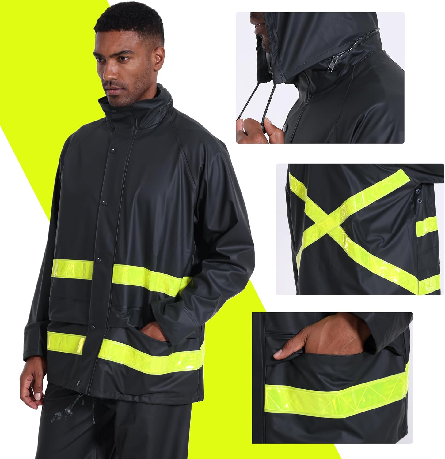 Men's Hi-Vis Waterproof Rain Jacket, Reflective Work Coat