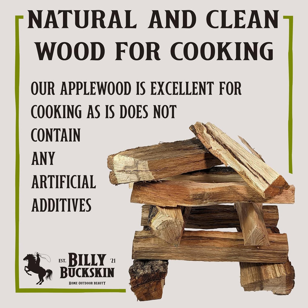 Billy Buckskin 18 LB Applewood Cooking Firewood – Includes 1lb 100% Natural Apple Wood Chips & Fatwood Starter Sticks for Fire Pit, Campfire, Fireplace, Wood Stoves and Outdoor Grilling