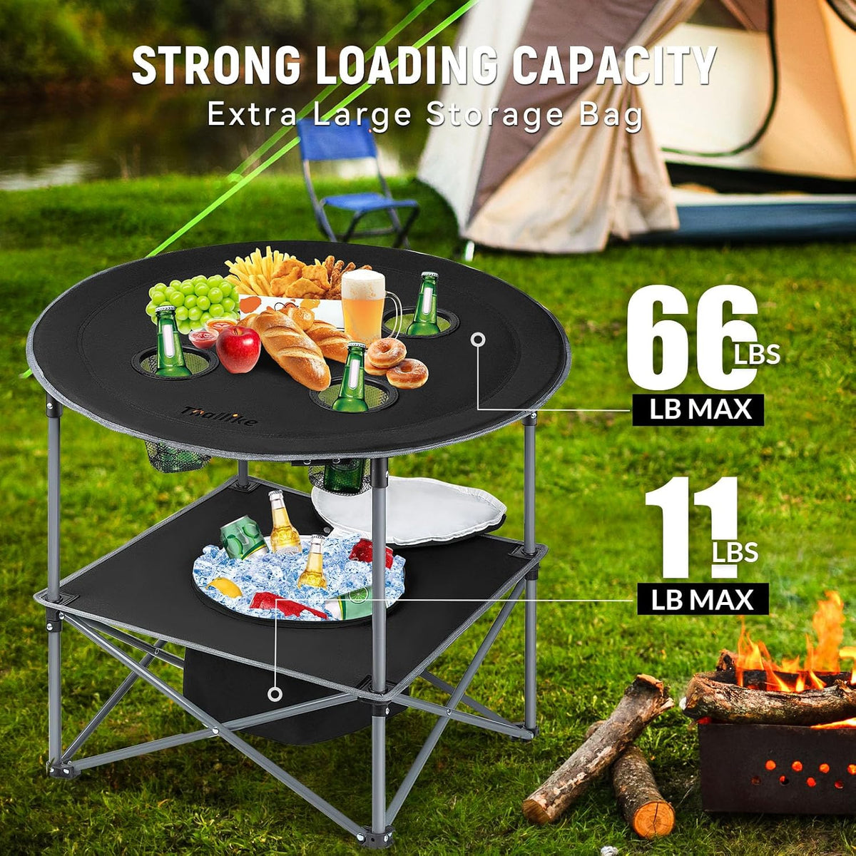 Portable Lightweight Folding Camping Table with Cooler and 4 Large Cup Holders Collapsible Picnic Camp Table Foldable Outdoor Table with Carry Bag for BBQ Tailgating Beach RV Travel Hiking