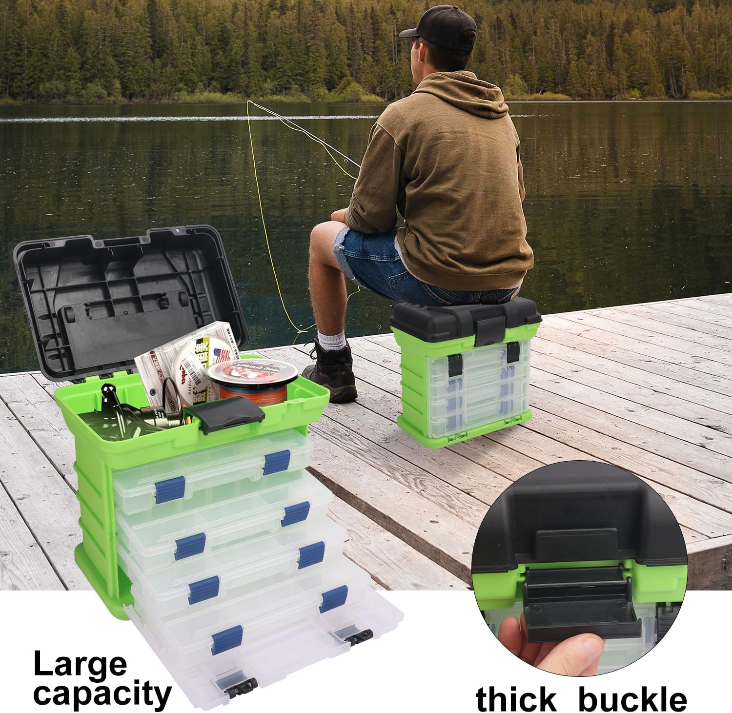 Fishing Tackle Box, 4 Layers Fishing Box, Tackle Boxes, Quick-Access Top Storage with Lid for Fishing Gear and Accessories,（Green）by KUKLIPJIM