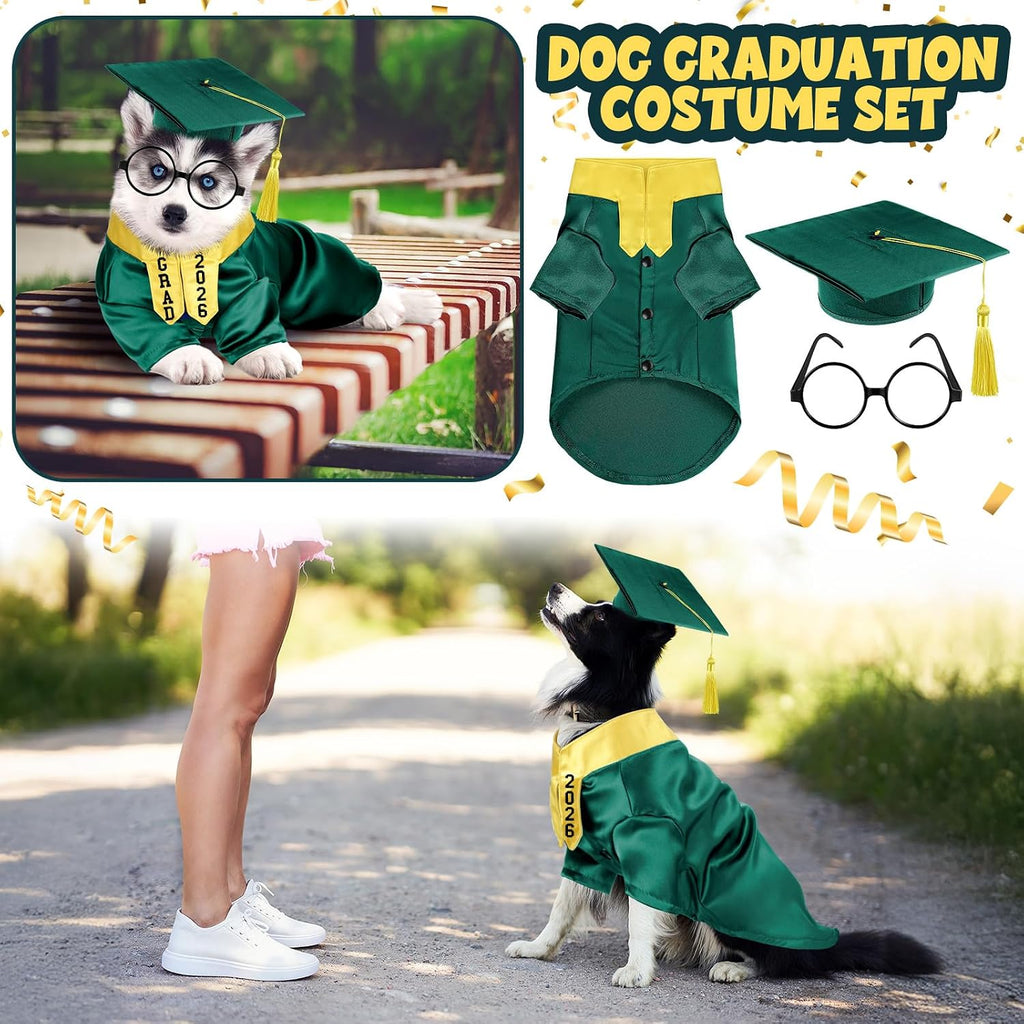 Huhumy 5 Pcs Dog Graduation Costume Set Include 2026 Pet Graduation Gown with Stole Puppy Grad Cap Lensless Glasses DIY Letter Stickers for Dogs Cats Holiday Costume Accessory(Green Yellow,S)