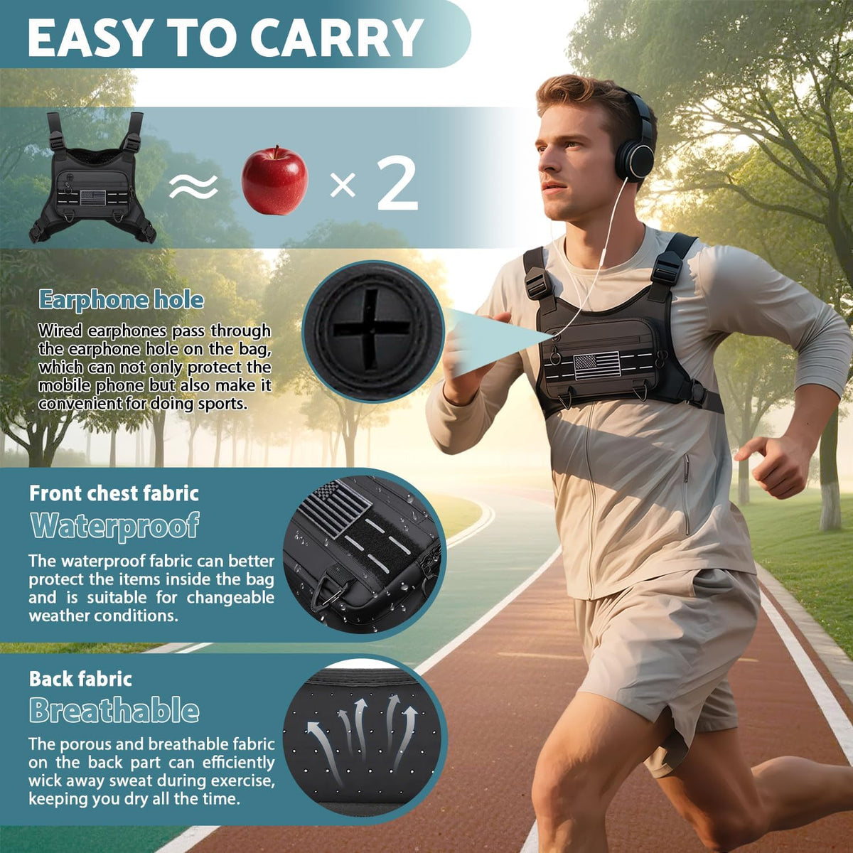 Muserise Sports Chest Bag For Men, Water Resistant Lightweight Front Running Vest Bag With Built-In Phone Holder & Extra Storage For Workouts, Cycling (Black)