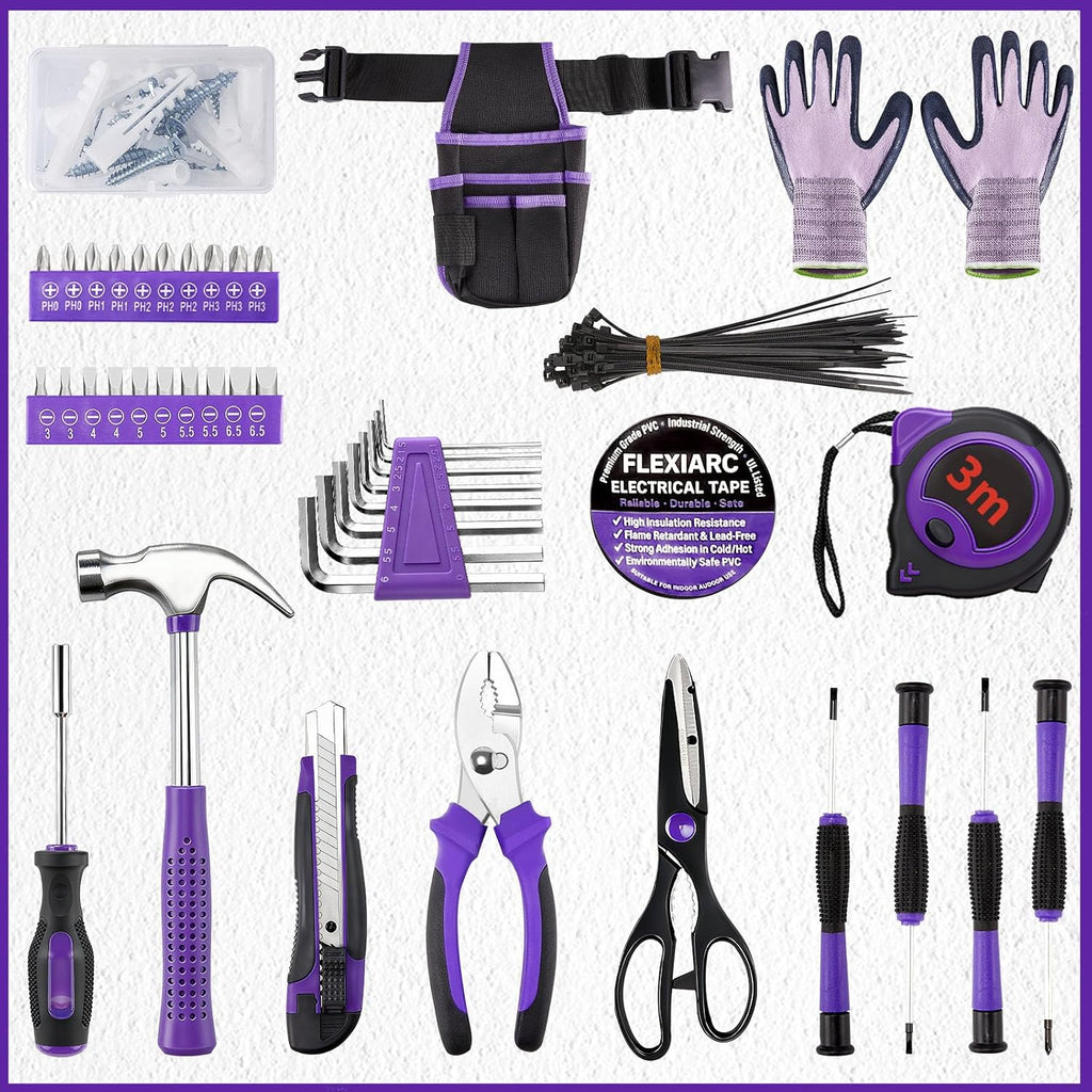 General Household Tool Set - Purple Hand Tool Kit with Waist Pouch & Gloves, Tool Kit for Women Everyday Home Repairs, DIY and Crafts, 112 pcs