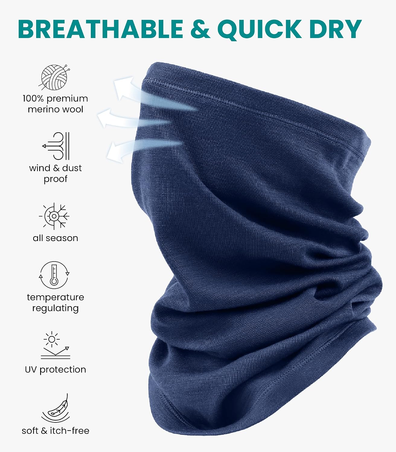 100% Merino Wool Neck Gaiter, 17.5um Face Mask, Unisex Neck Warmer 1-2 Pack