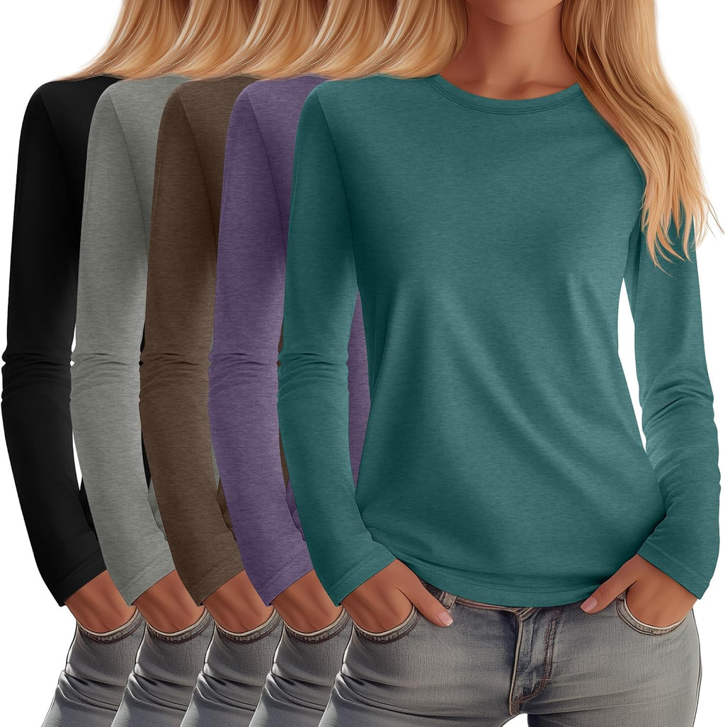 Huukeay 5 Pack Women's Crew Neck Long Sleeve Shirts