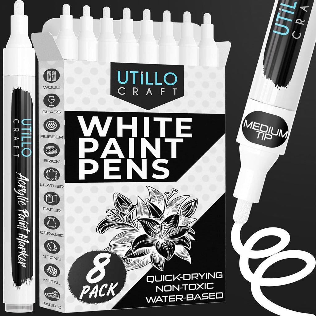 Utillo Craft White Paint Pen (8-Pack), 2-3mm Medium Liquid White Out Pen
