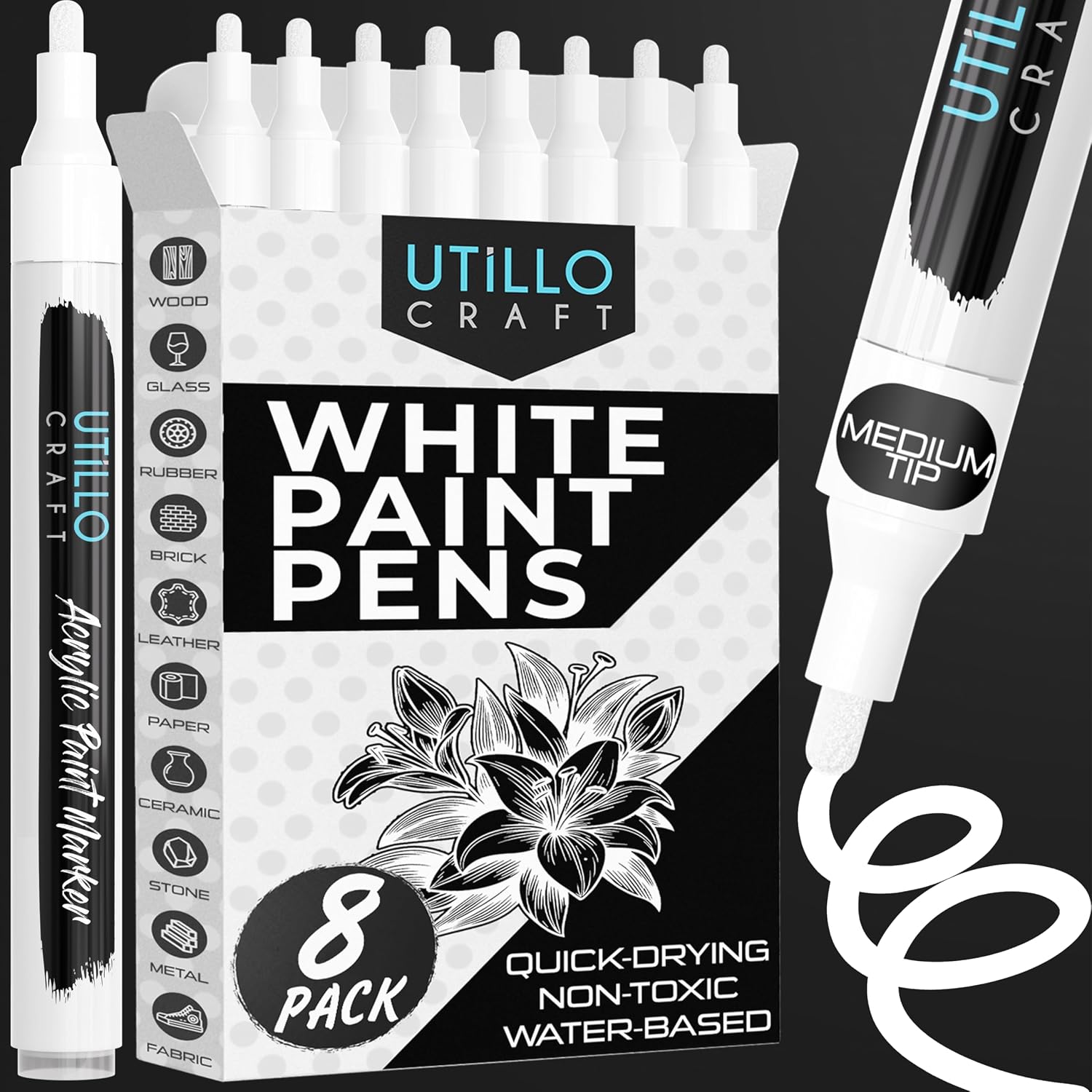 Utillo Craft White Paint Pen (8-Pack), 2-3mm Medium Liquid White Out Pen
