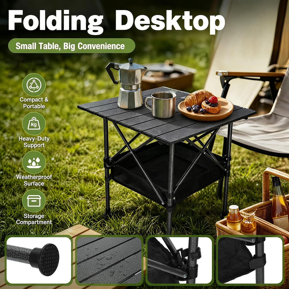 19.7"L x 20.9"W Folding Camping Table with Adjustable Height Black