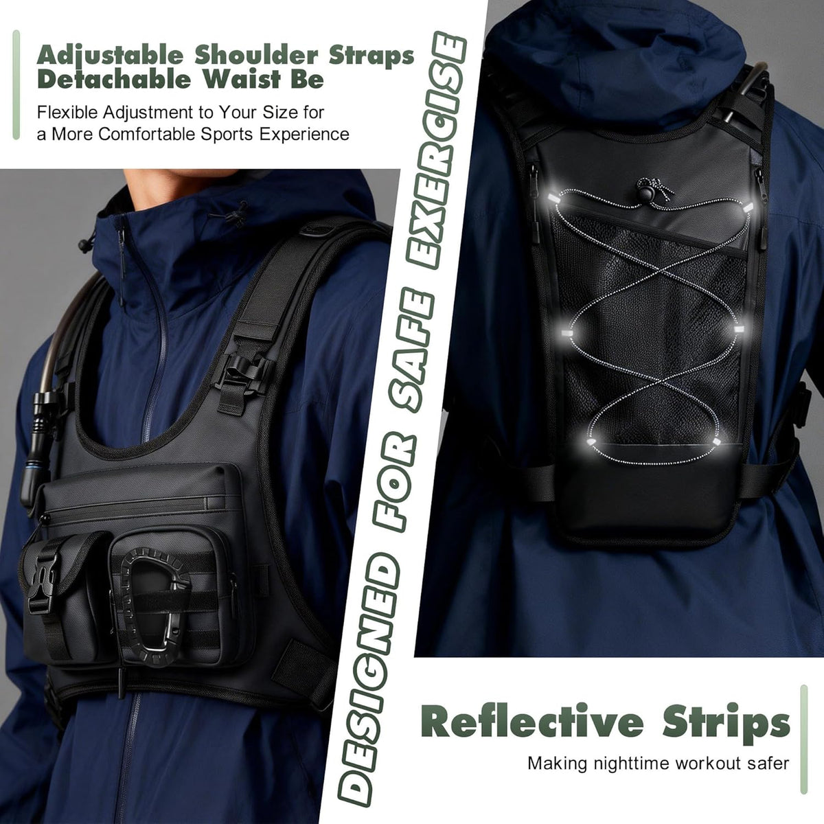 Hydration Running Vest Backpack with 2L Water Bladder - Lightweight & Reflective Chest Pack with Gear Holder, Includes Free Carabiner for Hiking, Running, Cycling, Marathon (Men & Women)