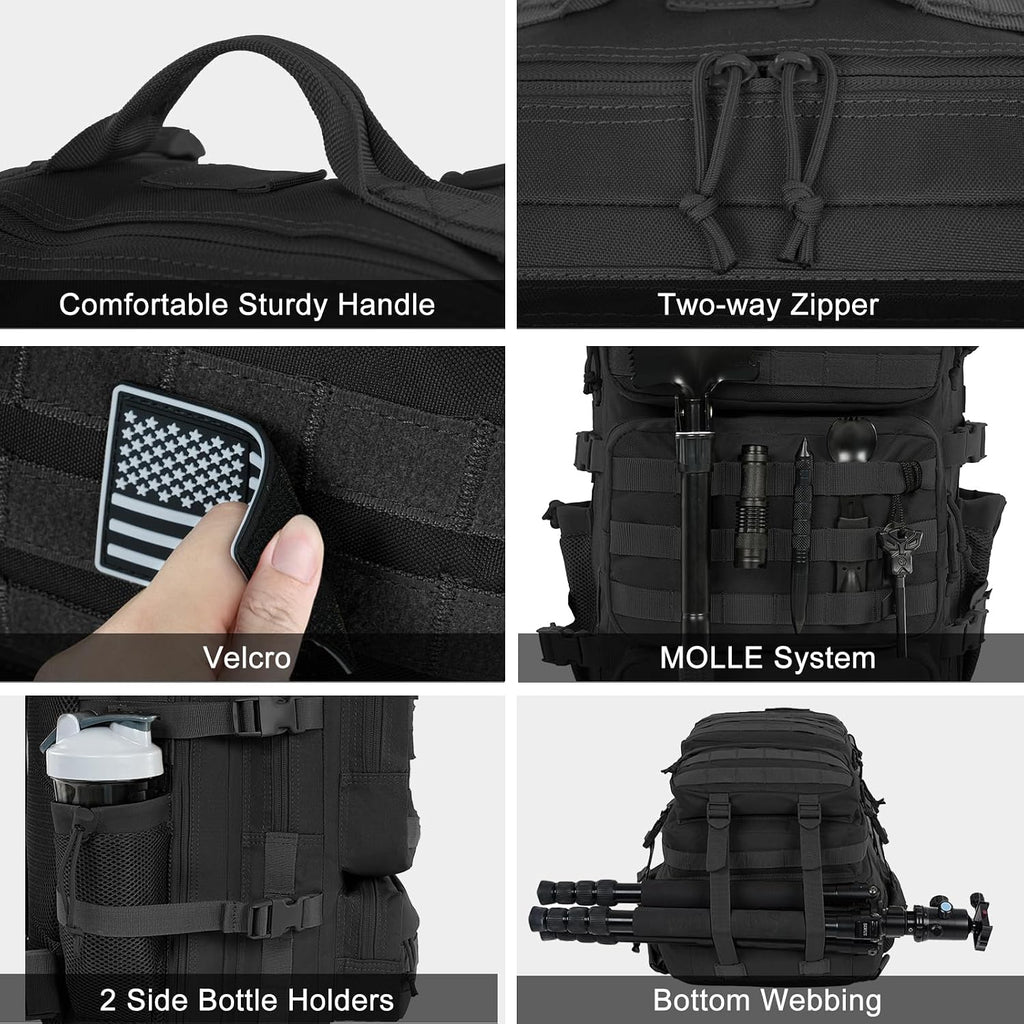 50L Military Tactical Backpack Large Day Backpack for Men Molle Army 3 Days Assault Pack Bug Out Bag Water Resistant and Heavy Duty Hiking Treeking Rucksack - Black