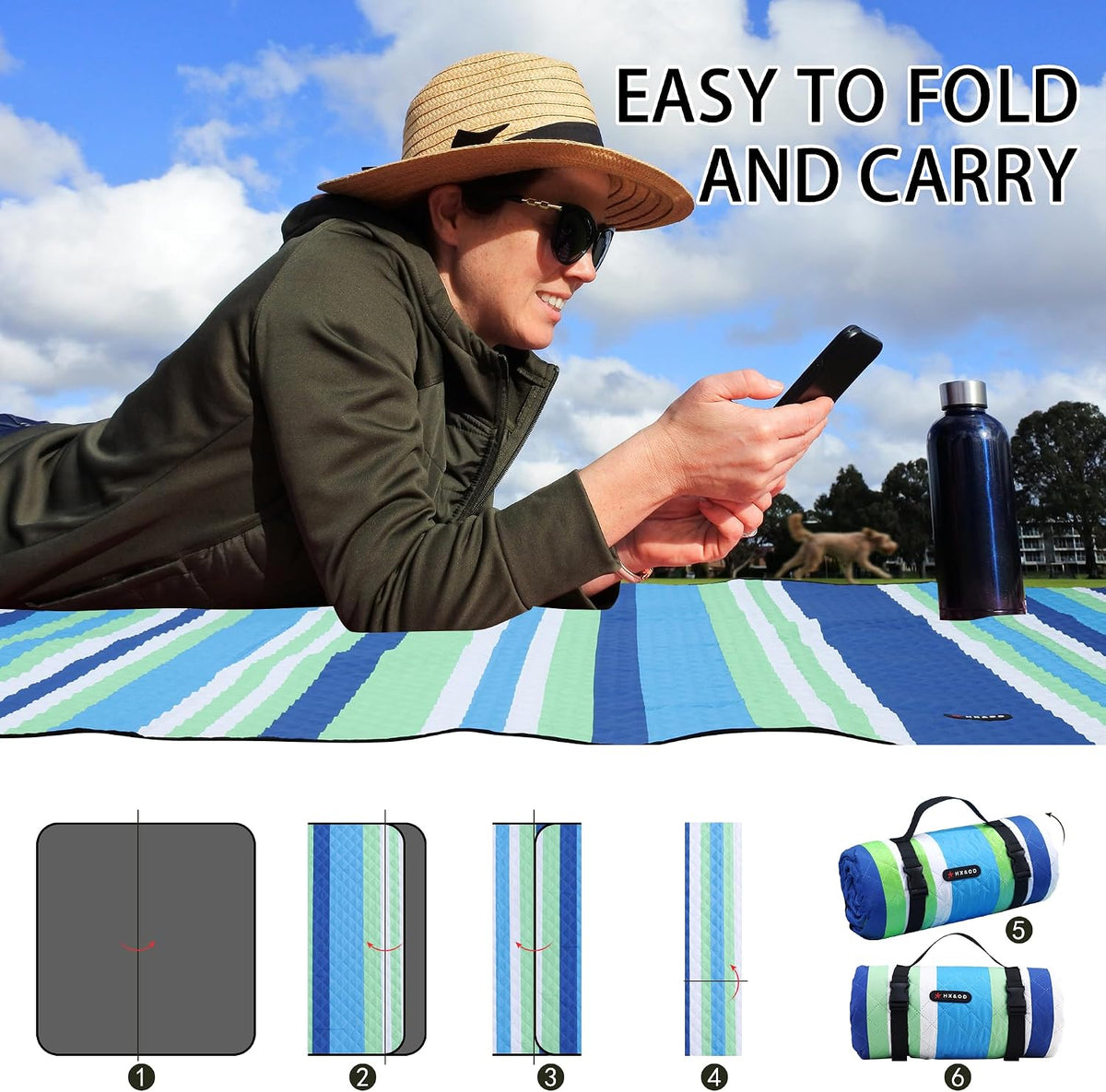 HX&OD Large Picnic Blanket Outdoor 80”x60” Waterproof Picnic Mat Foldable 3-Layer Camping Blanket Portable with Carry Strap Park Blanket for Grass(Blue)