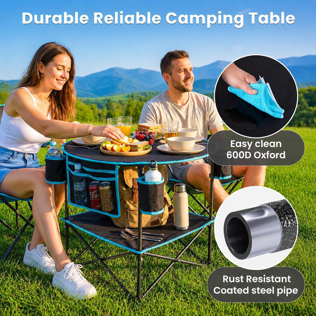 FUNDANGO Portable Folding Camping Table with 4 Cup Holders, 2-Tier