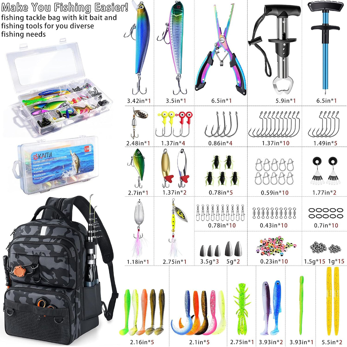 Fishing Backpack with Tackle Boxes and Rod, Fish Lure Kit and Tool