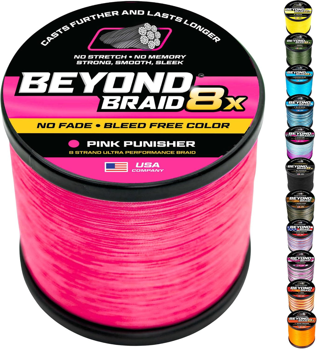 Beyond Braid Braided Fishing Line -Super Strong - Abrasion Resistant - No Stretch -Blue Camo, Moss Camo, White, Green, Pink, Blue, 4 Strand 8 Strand