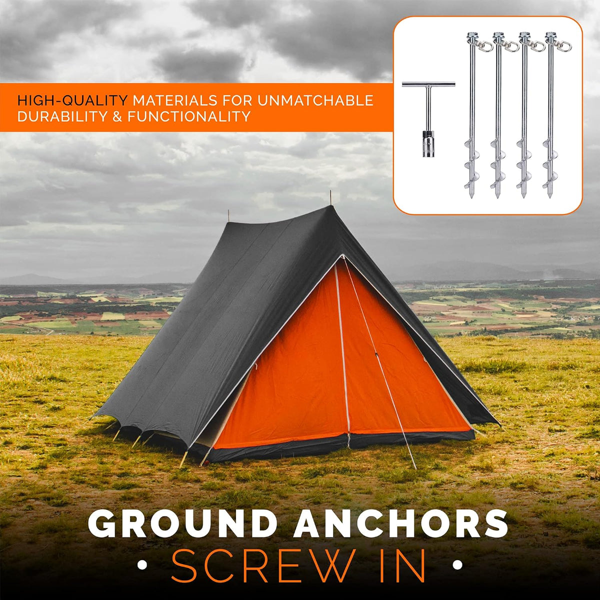 MightyPhine Steel Screw Ground Anchors - Set of 4, 12 Inch, Silver, Metal - Tent Stakes, Trampoline Anchor Kit, Swing Set Anchors, High Wind Resistance