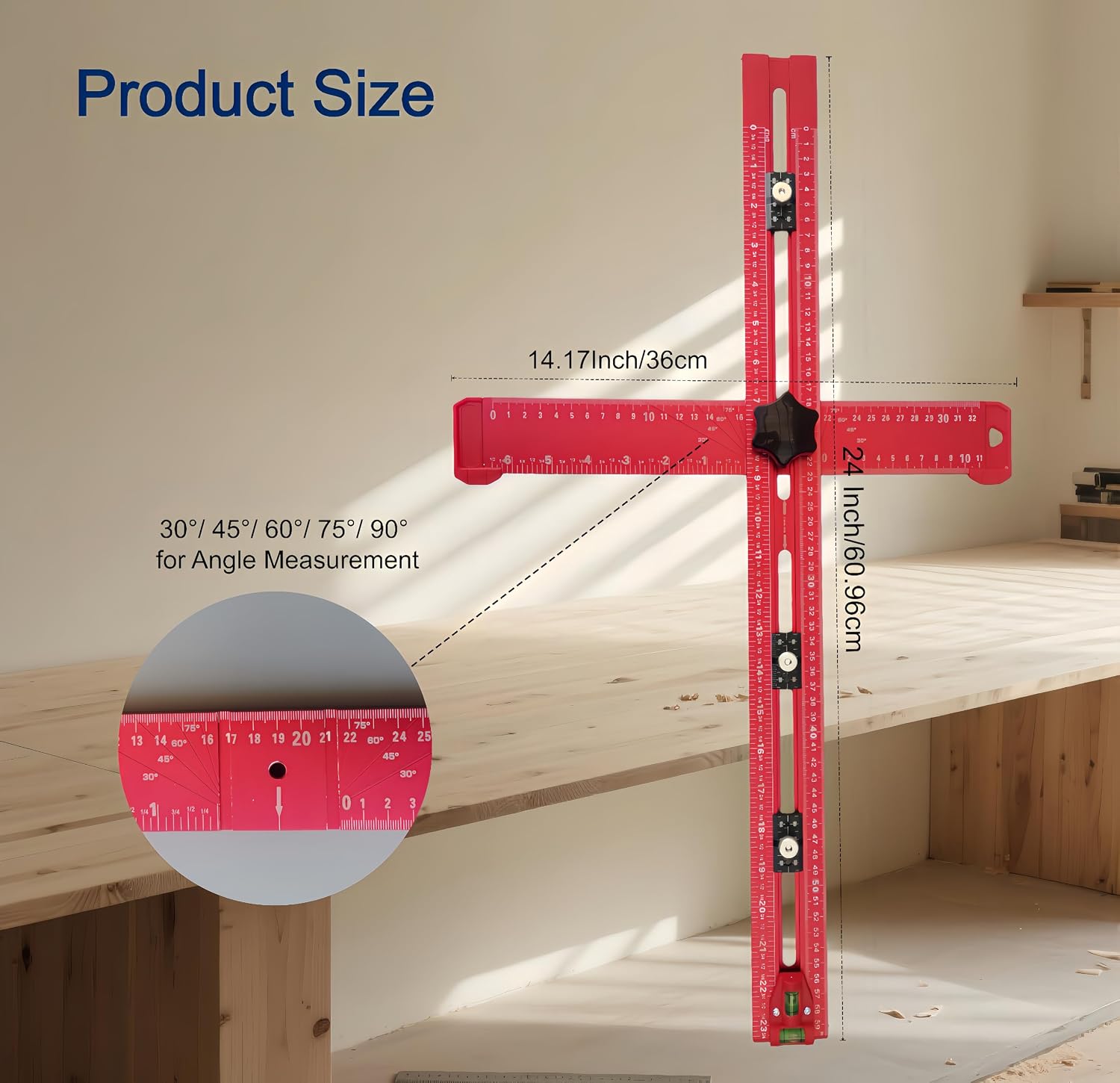 5-in-1 T Square Ruler 24 Inch, Multifunctional Drilling Positioning Ruler for Precision Hole Punching, Cabinet Hardware Jig, Adjustable Angle Ruler for Angle Measurement, Metric & Imperial