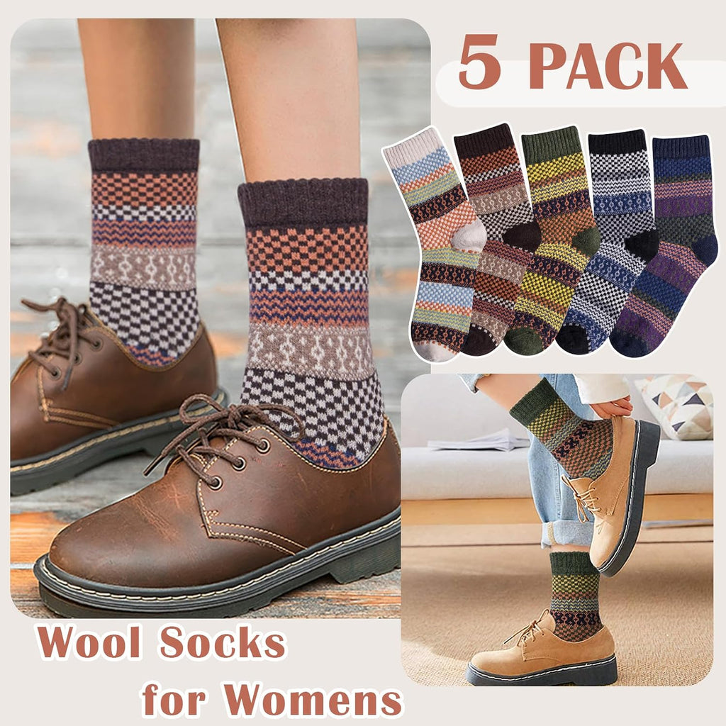 Senker Fashion Wool Socks for Women, 5 Pairs Winter Warm Crew Boot Socks