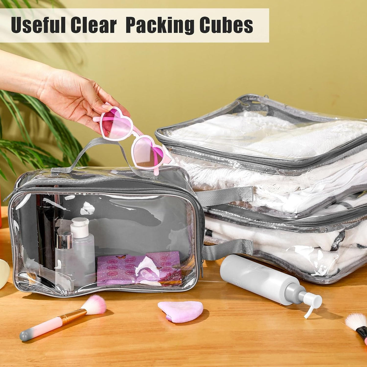 Hillban 6 Pcs Large Clear Packing Cubes for Travel, 3 Sizes PVC Bags, Gray