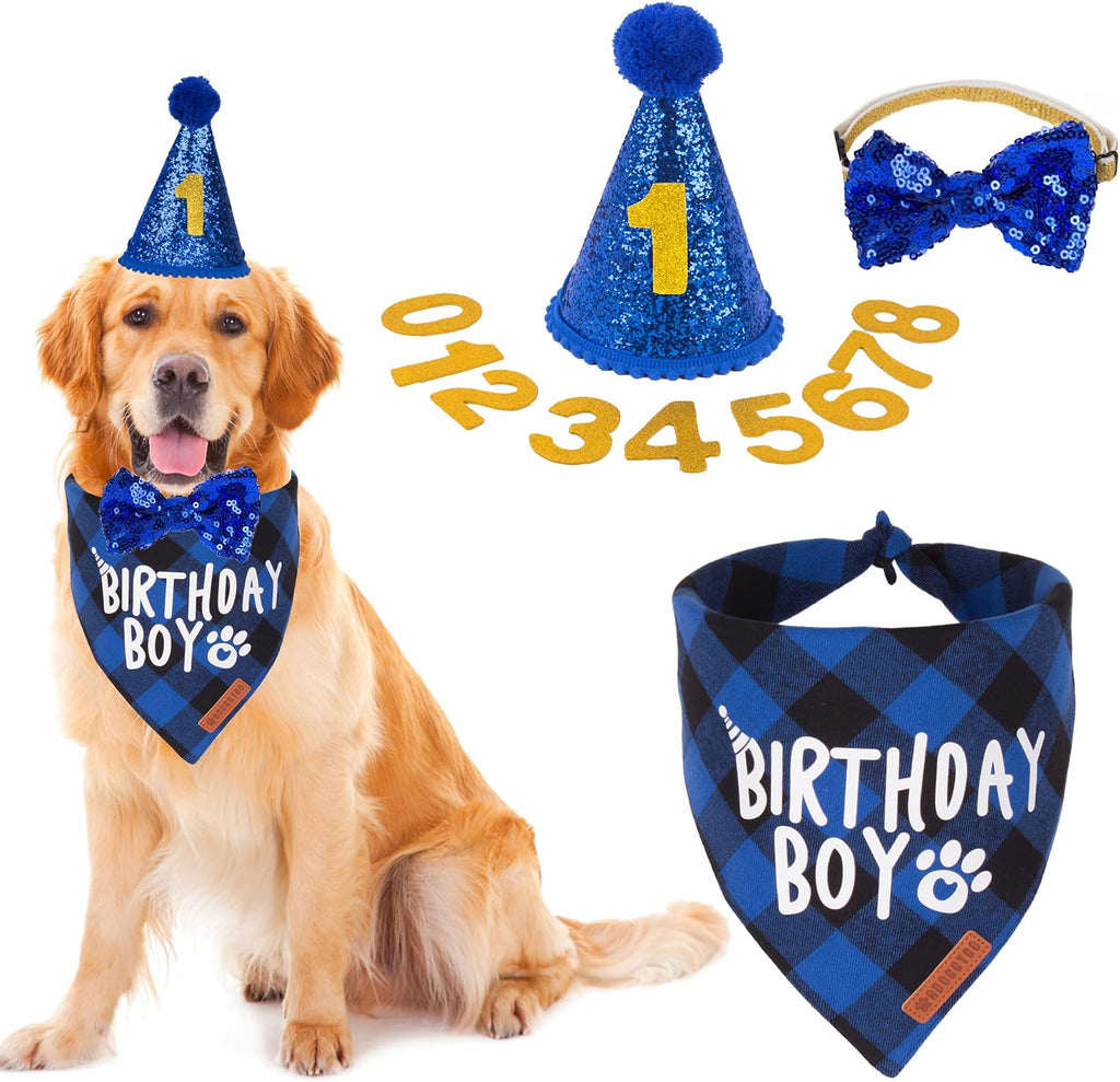 ADOGGYGO Dog Birthday Hat Bandana Set, Blue Plaid Boy Dog Bandana, X-Large